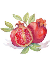 Watercolor pomegranates with leaves and seeds illustration