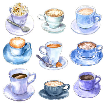 Set of different coffee cups, hand drawn watercolor illustration. Cappucino, latte machiato, cocoa, espresso, hot chocolate. Can be used for menu design.