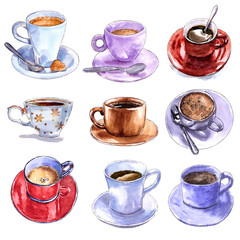 Set of different coffee cups, red, blue, purple, brown, hand drawn watercolor illustration. Cappucino, latte machiato, cocoa, espresso, hot chocolate. Can be used for menu design.