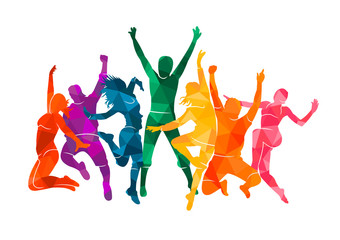 Colorful happy group people jump vector illustration silhouette. Cheerful man and woman isolated. Jumping fun friends background. Expressive dance dancing, jazz, funk, hip-hop