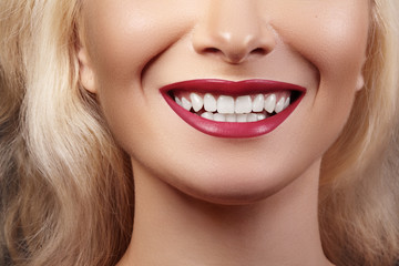 Dental Beauty. Beautiful Macro of perfect White Teeth. Sexy Fashion Lip Red Makeup. Whitening Tooth, Wellness Treatment