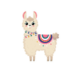 Llama illustration.Сute hand drawn elements and design for nursery design, poster, birthday greeting card.Running alpaca vector illustration