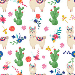 Llama, alpaca, cactuses and leaves seamless pattern, background,