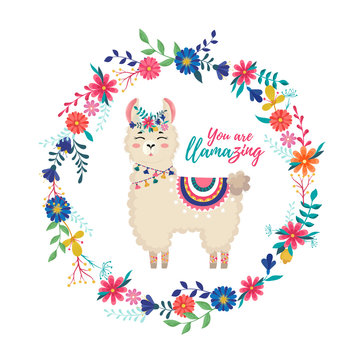 You are llamazing quote.llama motivational and inspirational vector poster with flower weart.Cute hand drawn llama for baby girl nursery.