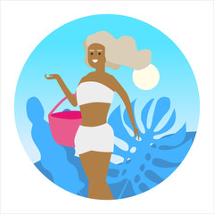 Icon activty on ocean sea summer woman with beach bag