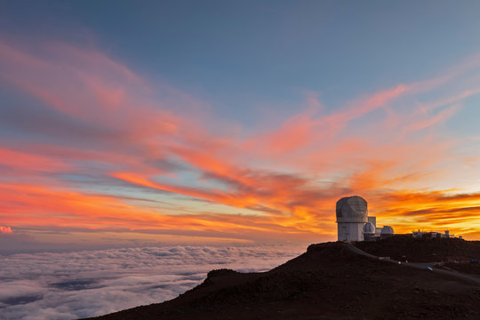 View from Red Hill summit to Haleakala Observatory at dusk, Maui, Hawaii, USA