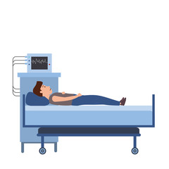 Patient young men in a medical bed, medical equipment. Hospitalization of the patient