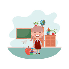 student girl with school supplies in the classroom