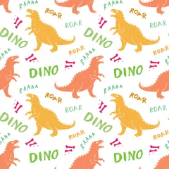 Muurstickers Dinosaurussen Dino naadloze patroon, schattige cartoon hand getrokken dinosaurussen doodles vectorillustratie