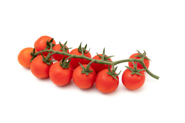 A branch of red cherry tomatoes on a white background. Small and juicy vegetable is rich in vitamins and trace elements. Healthy food. Fresh and organic vegetables. Raw food