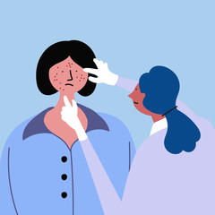 Examination by a doctor, a girl with acne, eczema, psoriasis. Vector editable file eps 10