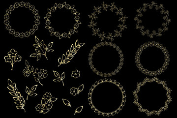 Set of hand drawing flower, branches, leaves, frames in vector. Simple golden floral frames and elements on black background. 