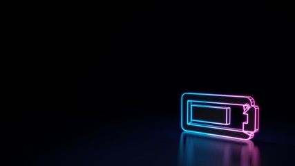 Fototapeta na wymiar 3d glowing neon symbol of horizontal symbol of battery three quarters isolated on black background