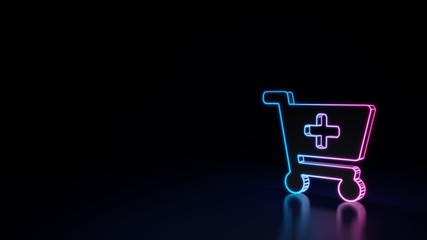 3d glowing neon symbol of symbol of cart plus isolated on black background