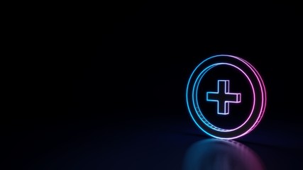 3d glowing neon symbol of symbol of circle with plus isolated on black background