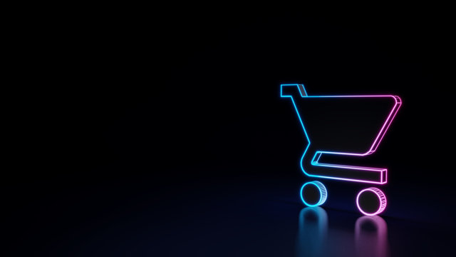 3d glowing neon symbol of symbol of cart isolated on black background