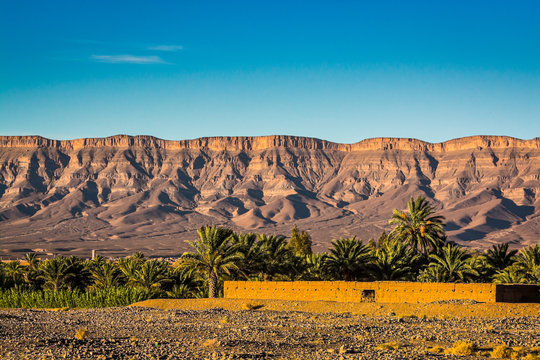 Landscape view on mountains with traditional architecture in Zagora province in Morocco