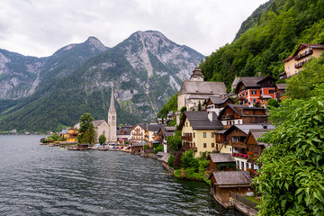 Fototapeta na wymiar Picturesque view of Hallstatt village, situated on the bank of Hallstatter lake, High Alps mountains, Austria.