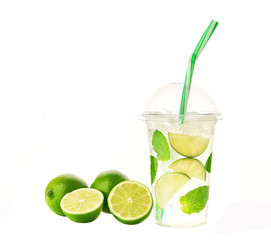 mojito cocktail isolated in plastic cup on white background.