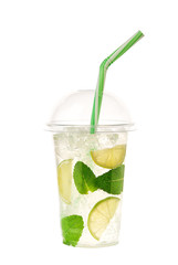 mojito cocktail isolated in plastic cup on white background.