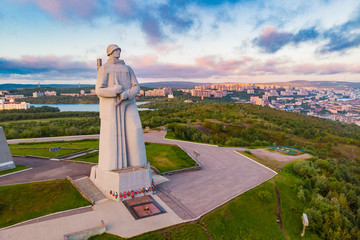 Murmansk, Russia - July 1, 2019: Aerial view panorama of city monument Defenders of Soviet Arctic...