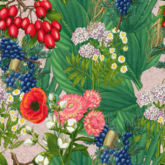 Hand drawn medicinal plant seamless pattern. Healing herbs drawing on craft paper.