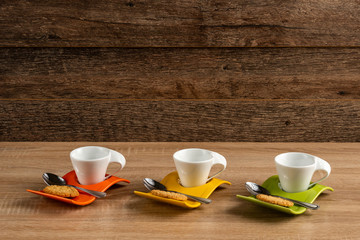 White cups on office desk waiting for coffee