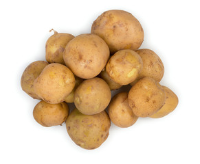 Heap of young raw potato isolated on white background, top view.