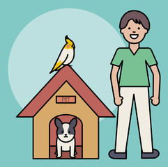 young man with dog and bird in wooden house