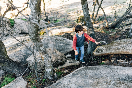 From above of curious boy strolling among rocks and trees on hillside while exploring nature