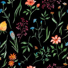 Naklejki  Różne kwiaty akwarela malarstwo - ręcznie rysowane wzór z kwiatem na czarnym tle