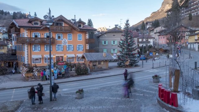 Time Lapse of people on main street and Christmas tree in Moena, Province of Trento, Trentino-Alto Adige/Sudtirol, Italian Dolomites, Italy, Europe