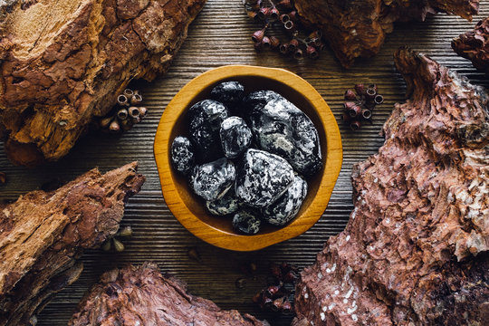 Bowl of Apache Tears in Wood Frame