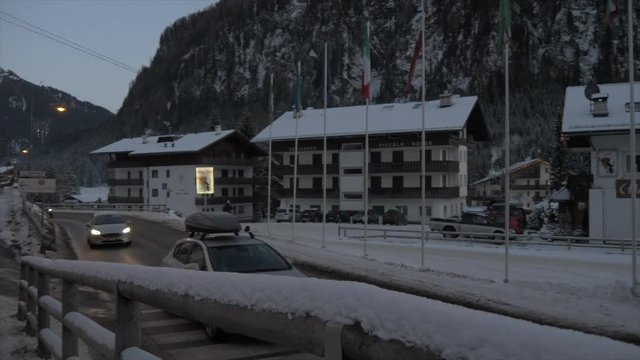 Snow covered Campitello di Fassa at dusk, Campitello di Fassa, Province of Trento, Trentino-Alto Adige/Sudtirol, Italy, Europe