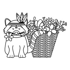 cute raccoon with feathers hat and basket of flowers