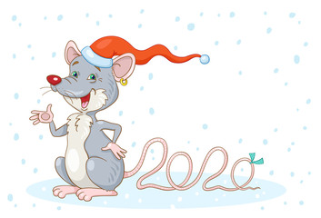 Funny rat symbol of the New Year in a red cap. In cartoon style. Isolated on white background.