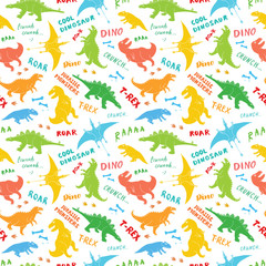 Dino Seamless Pattern, Cute Cartoon Hand Drawn Dinosaurs Doodles Vector Illustration