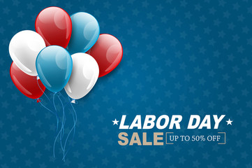 Labor Day sale background. USA national holiday concept with realistic balloons in flag colors. Vector illustration.