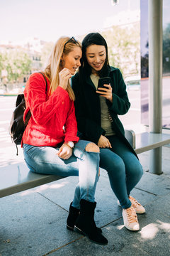 Young multiracial women browsing smartphone while sitting on bench of bus stop together