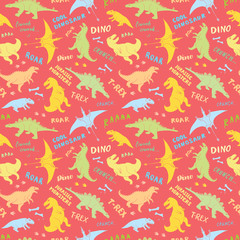 Dino Seamless Pattern, Cute Cartoon Hand Drawn Dinosaurs Doodles Vector Illustration