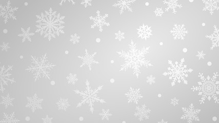 Christmas background with various complex big and small snowflakes in white colors