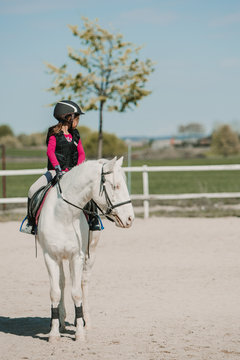 Determined girl jockey on horse riding on racetrack on a sunny day