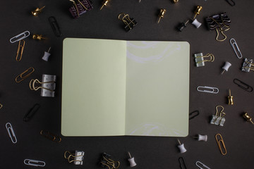 Layout with green notebook for lettering or design, with .business, work.black style. mockup