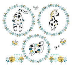 Set of florawl wreath with cute giraffe, lion and tiger on white background.