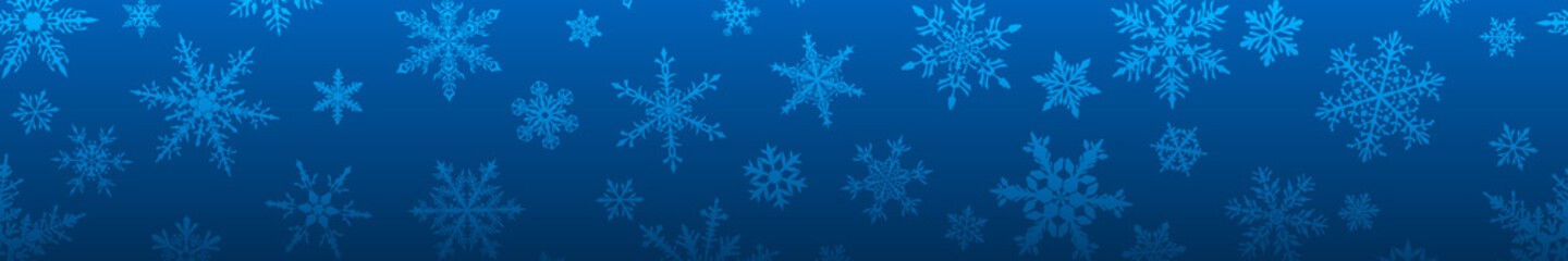 Christmas banner of complex big and small snowflakes in blue colors. With horizontal repetition