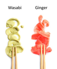 Set of spicy wasabi sauce and pickled ginger on white background, top view
