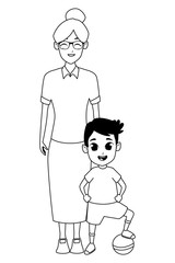 Family grandmother with grandchildren cartoon in black and white