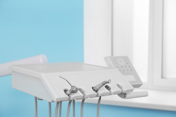 Professional dentist's equipment in modern clinic, closeup