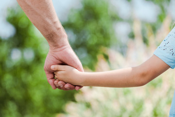 cropped view of father holding hands with daughter