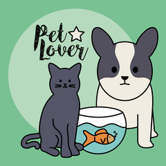 cute cat and dog with fish in aquarium mascots